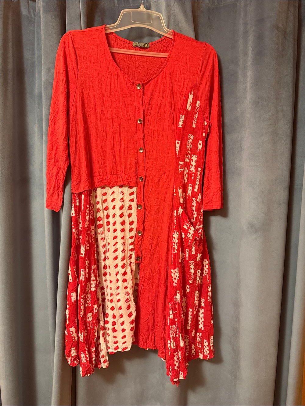 Chalet et Ceci Red Button-Front Women’s Dress with Patterned Panels, M